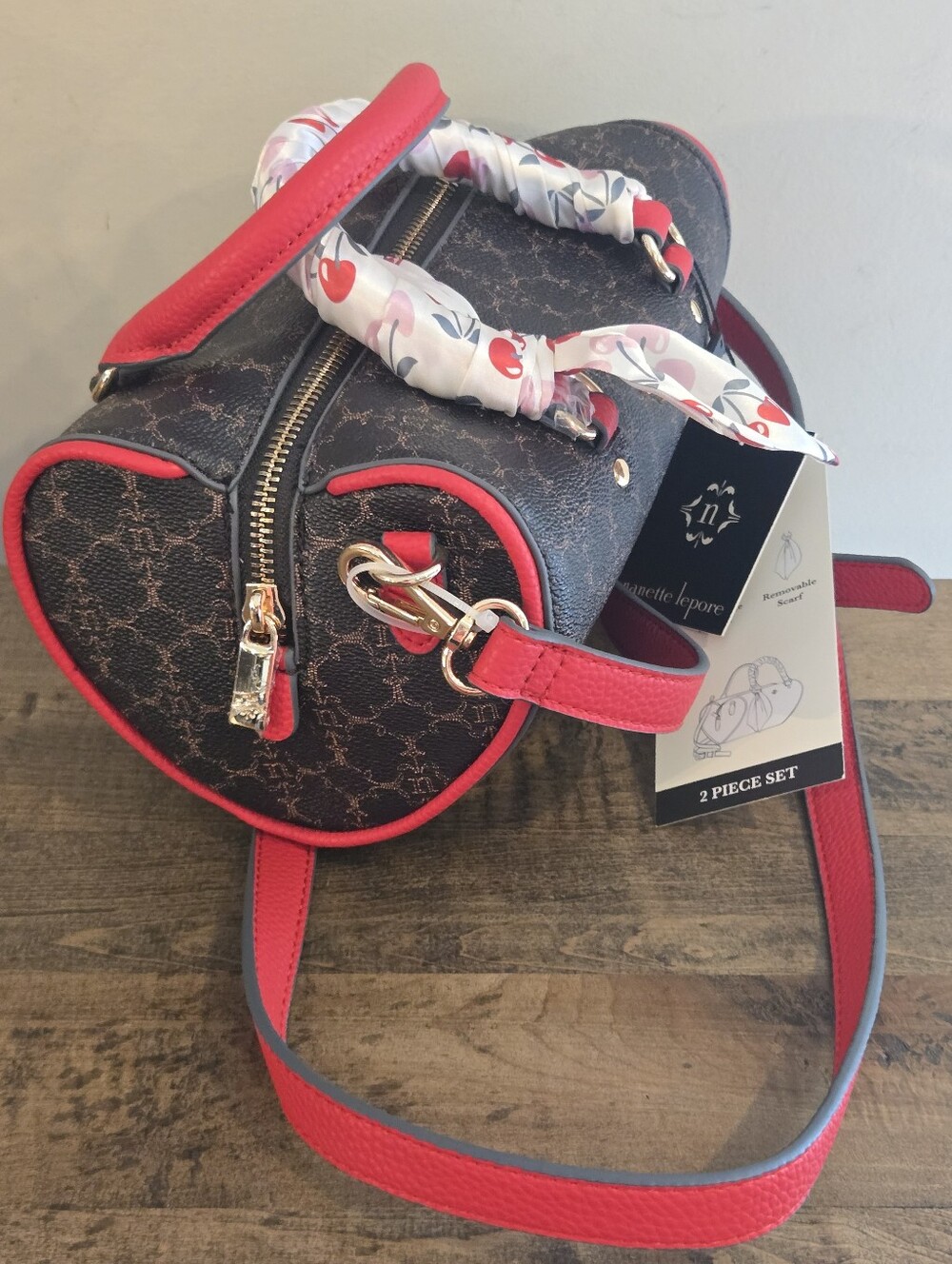 Nanette Lepore Colette Satchel Heart Shaped Barrell Bag With Cherry Scarf